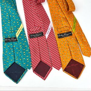 Salvatore Ferragamo Ties Bundle of THREE Made In Italy Silk Fish Butterfly Birds
